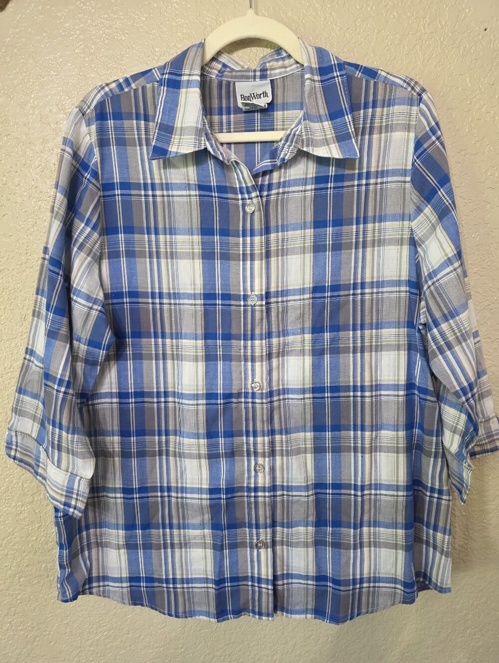 BonWorth Blue and White Plaid Button-Down Shirt